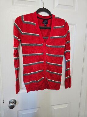 Tommy Hilfiger Striped Cable Knit Cardigan – Size Medium – Red